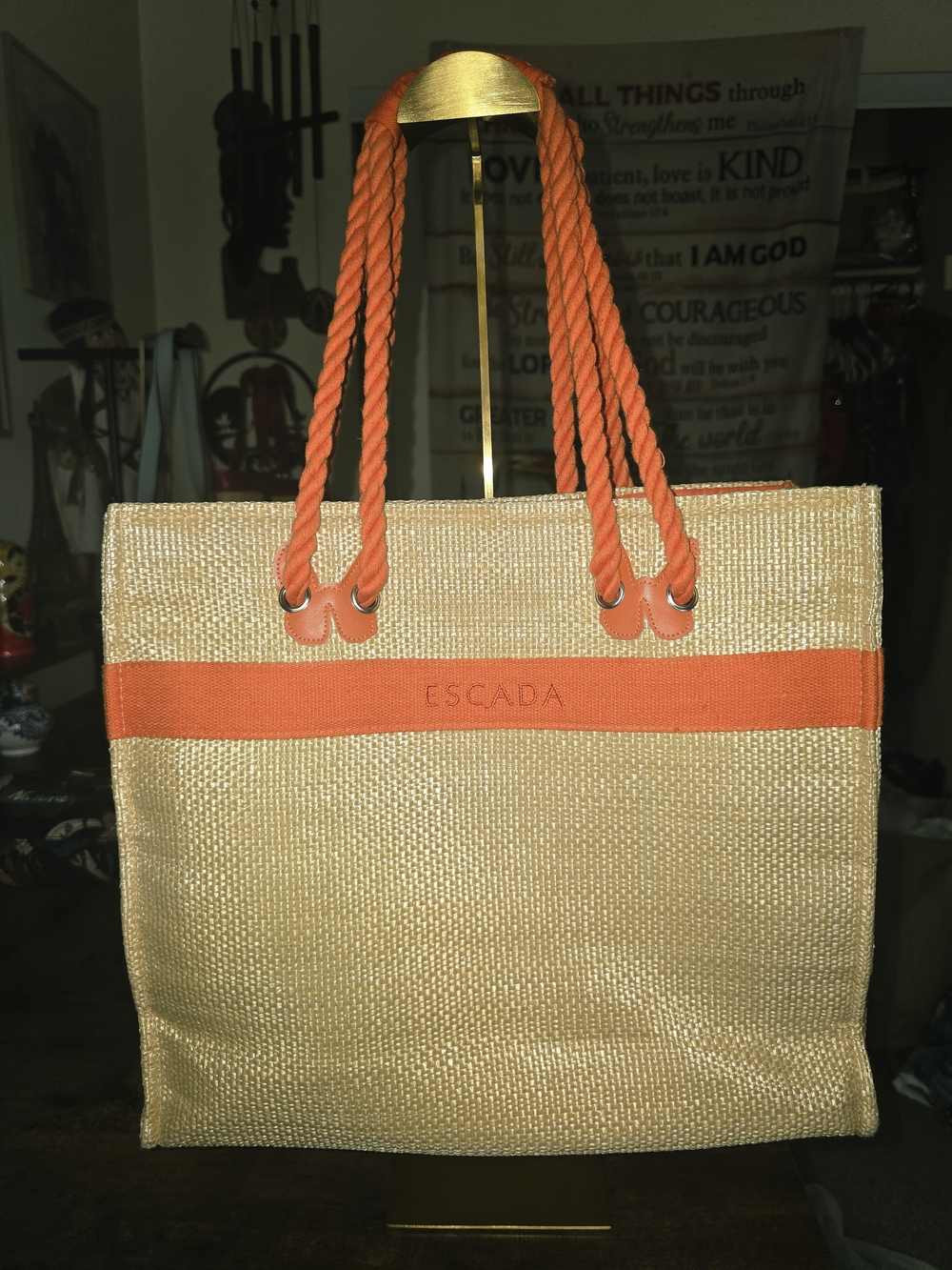 Escada Natural Straw Tote with Orange Trim and Rope Handles